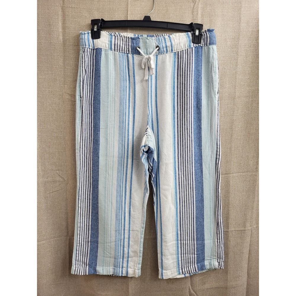 Dash Womens Blue White Striped Linen Blend Cropped Drawstring Pants Size M Capri